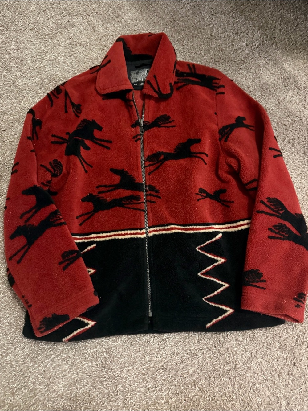 Vintage Red & Black Horse Print Zip-Up Fleece Jacket